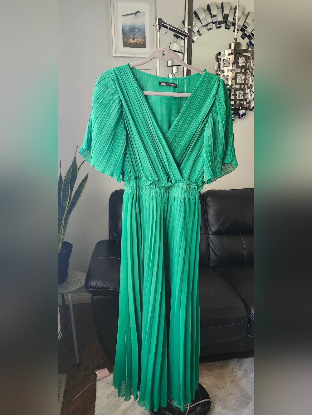 Zara Emerald Pleated V-Neck Maxi Dress